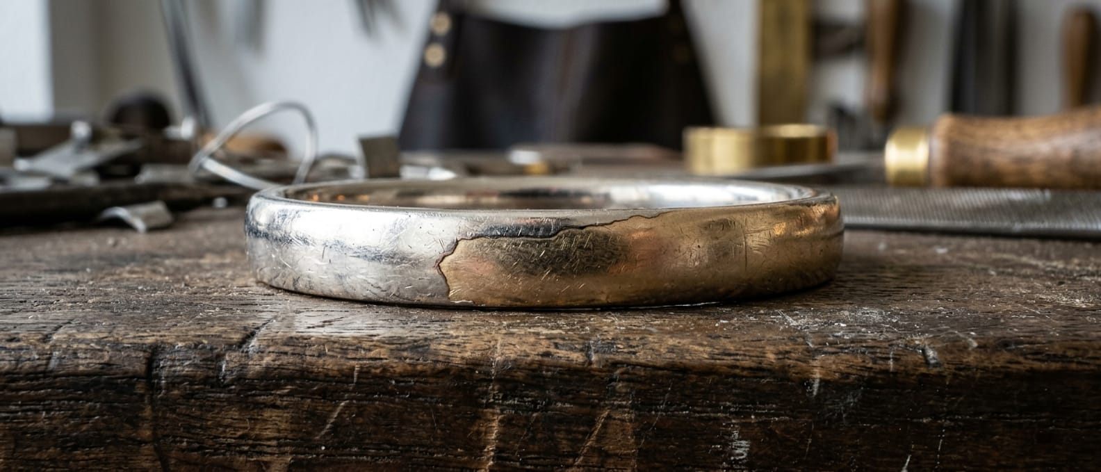 Makroaufnahme der Unterseite einer Weißgoldschiene im Streiflicht, ein warmer Champagnerton scheint durch die abgeriebene helle Oberfläche, dazwischen eine sichtbare Kante