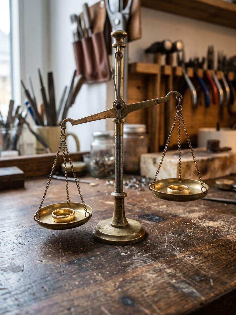 Kleine Balkenwaage mit zwei Schalen, in der einen ein Goldring, in der anderen ein gleich großer Messingring, der Balken kippt zur Goldseite