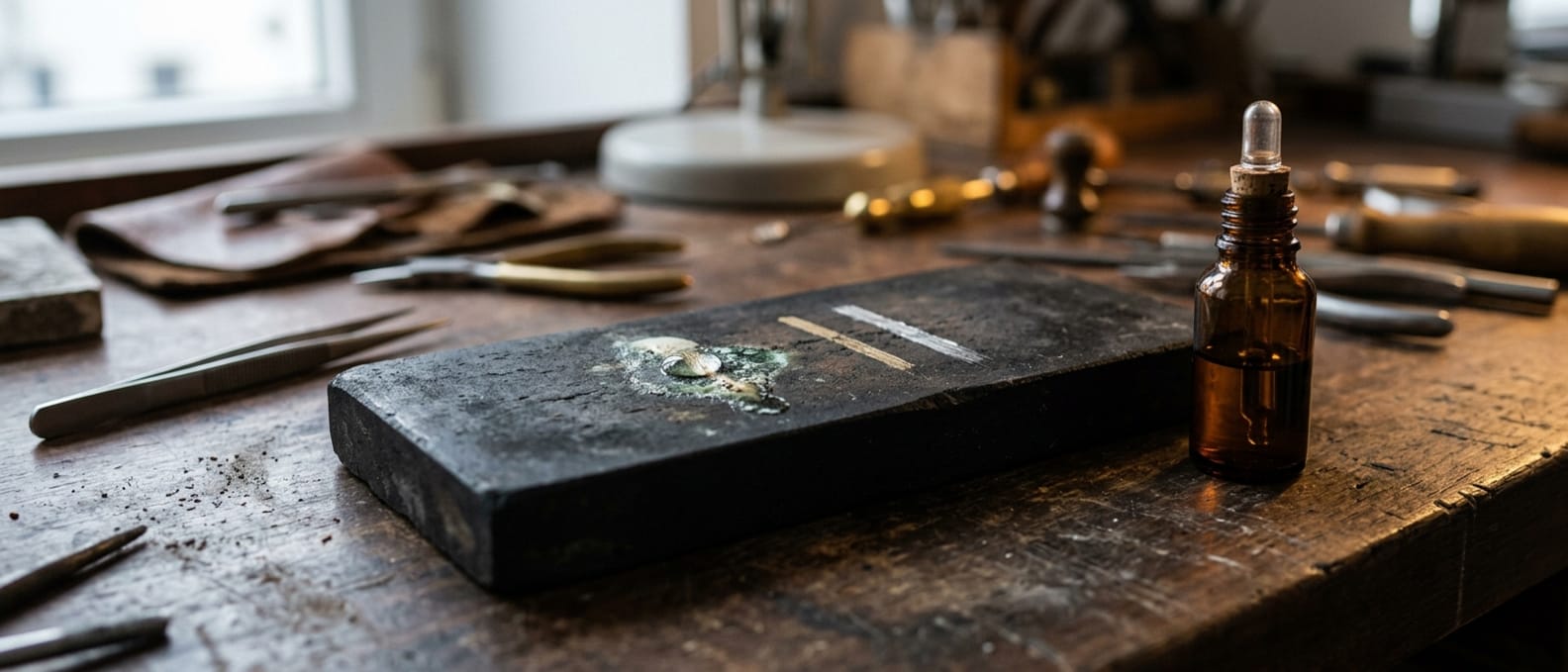 Schwarzer Prüfstein mit zwei parallelen Metallstrichen, auf einem steht ein Tropfen klarer Säure, daneben eine kleine Tropfflasche aus Glas