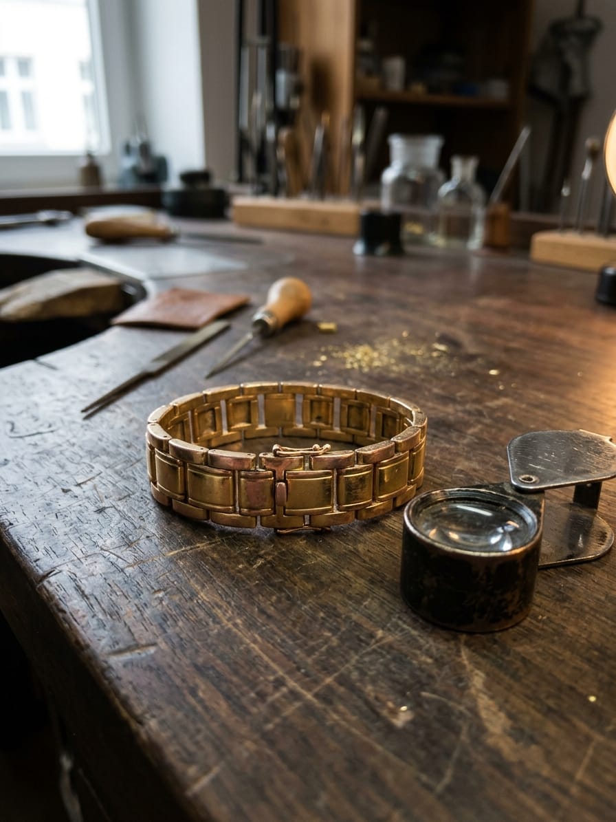 Makroaufnahme eines vergoldeten Armbands, an den erhabenen Kanten ist die Auflage durchgerieben und ein anderes Metall kommt zum Vorschein, daneben eine aufgeklappte Lupe