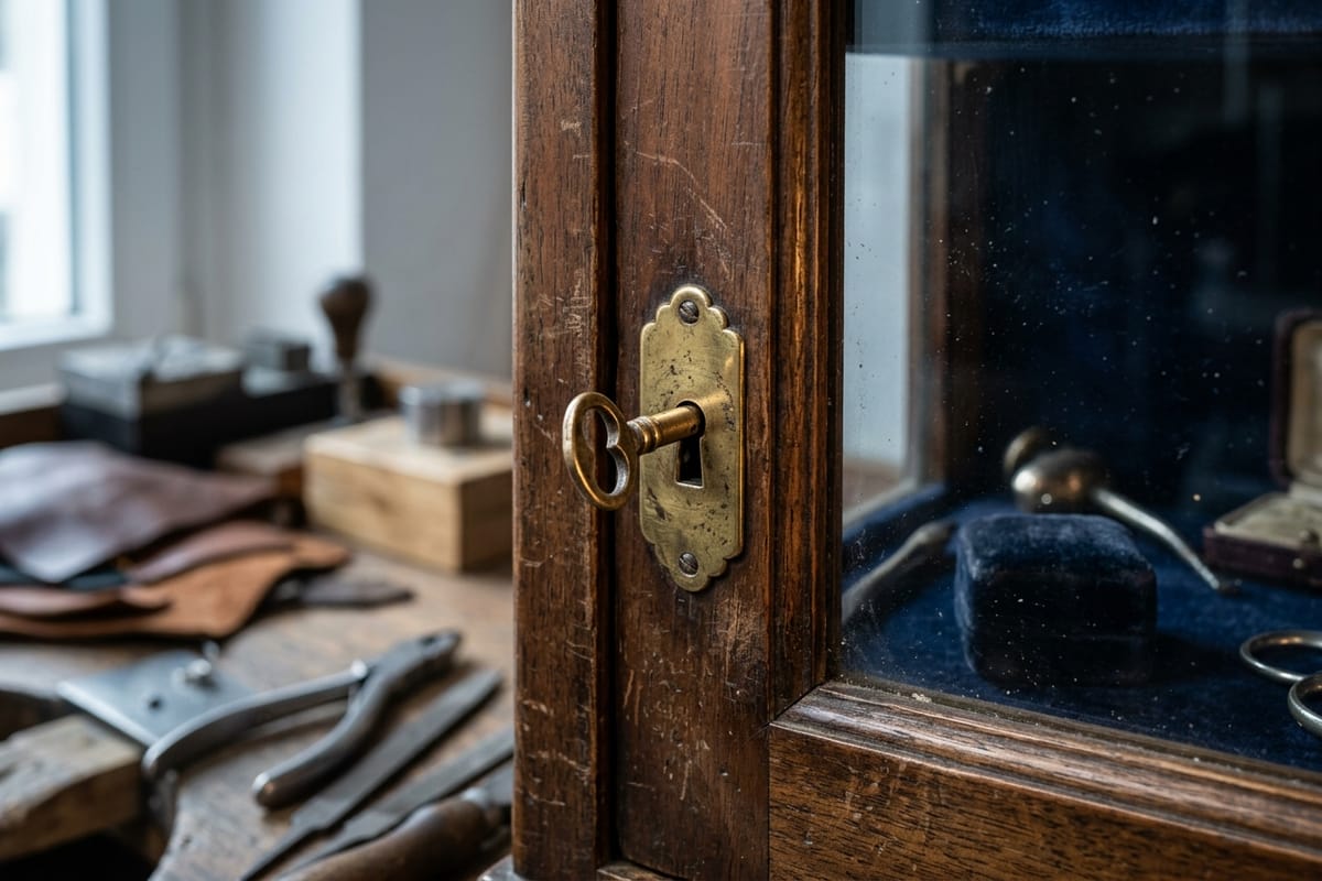 Kleines Messingschloss einer Nussbaumvitrine, der Schlüssel steckt im Schlüsselschild.