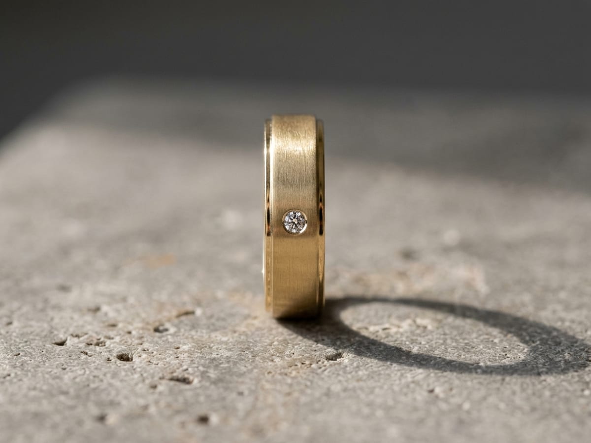 Bandring aus Gelbgold mit einem gefassten Brillanten, seitlich auf hellem Untergrund