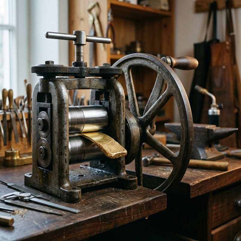 Handwalzwerk mit Handrad, ein goldener Barren liegt halb zwischen den Stahlwalzen