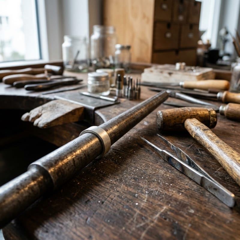 Ringrohling auf einem Stahl-Ringstock, daneben ein Holzhammer und eine Lötpinzette