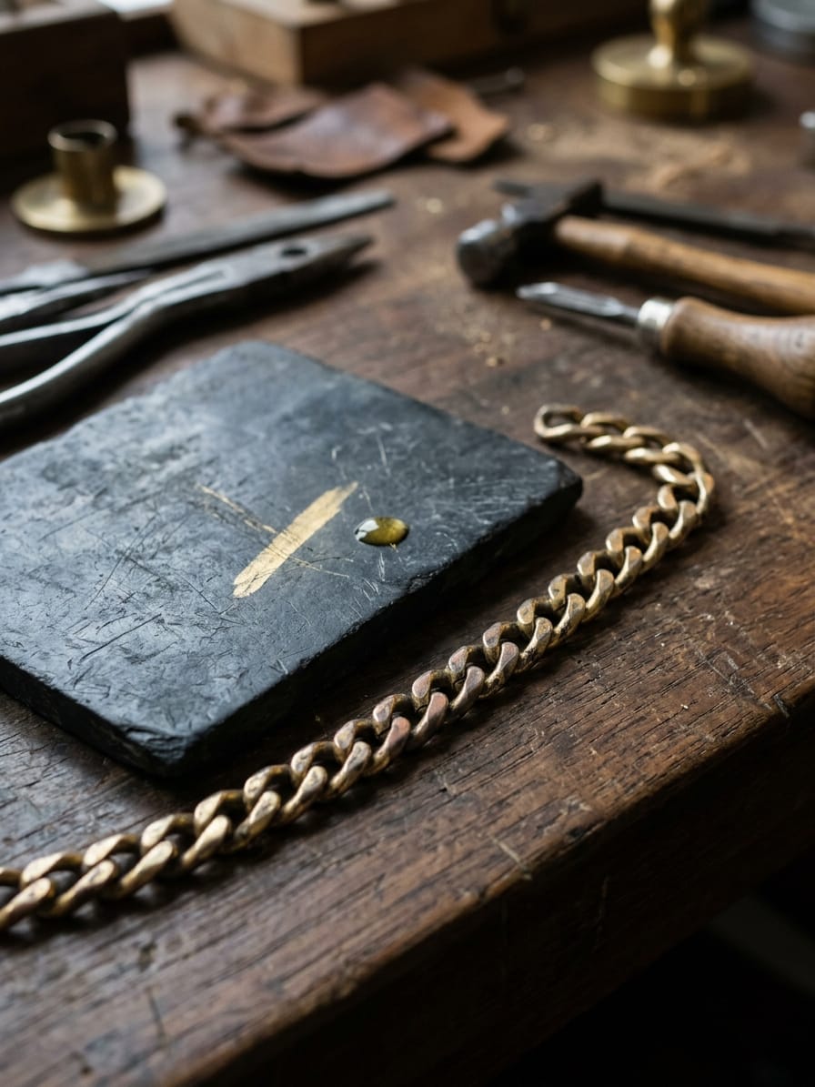 Vergoldete Kette mit an den Kanten durchgeriebener Auflage, daneben ein Prüfstein mit einem Strich und einem Säuretropfen