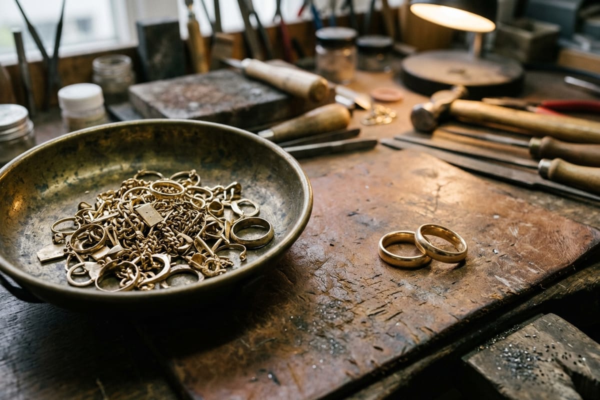 Altgoldschmuck in einer Messing-Waagschale, daneben zwei frisch polierte neue Trauringe auf Leder