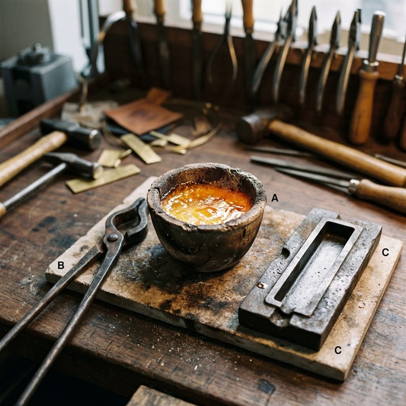Schmelztiegel aus Keramik mit flüssigem Gold unter einer Boraxschicht, daneben Tiegelzange und Gussform