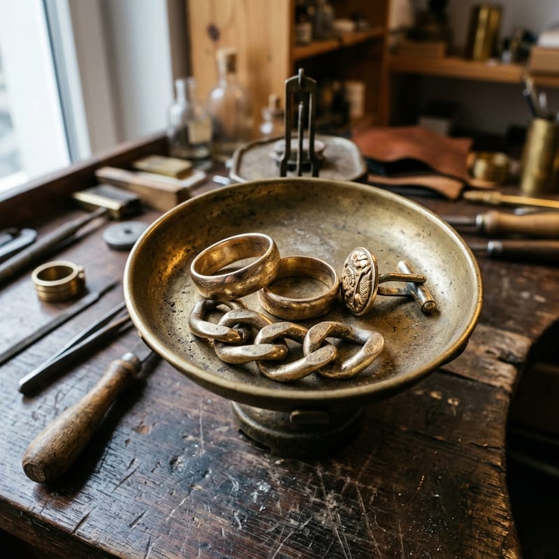 Alte Ringe, Kettenglieder und ein Manschettenknopf liegen sortiert in der Schale einer Tischwaage
