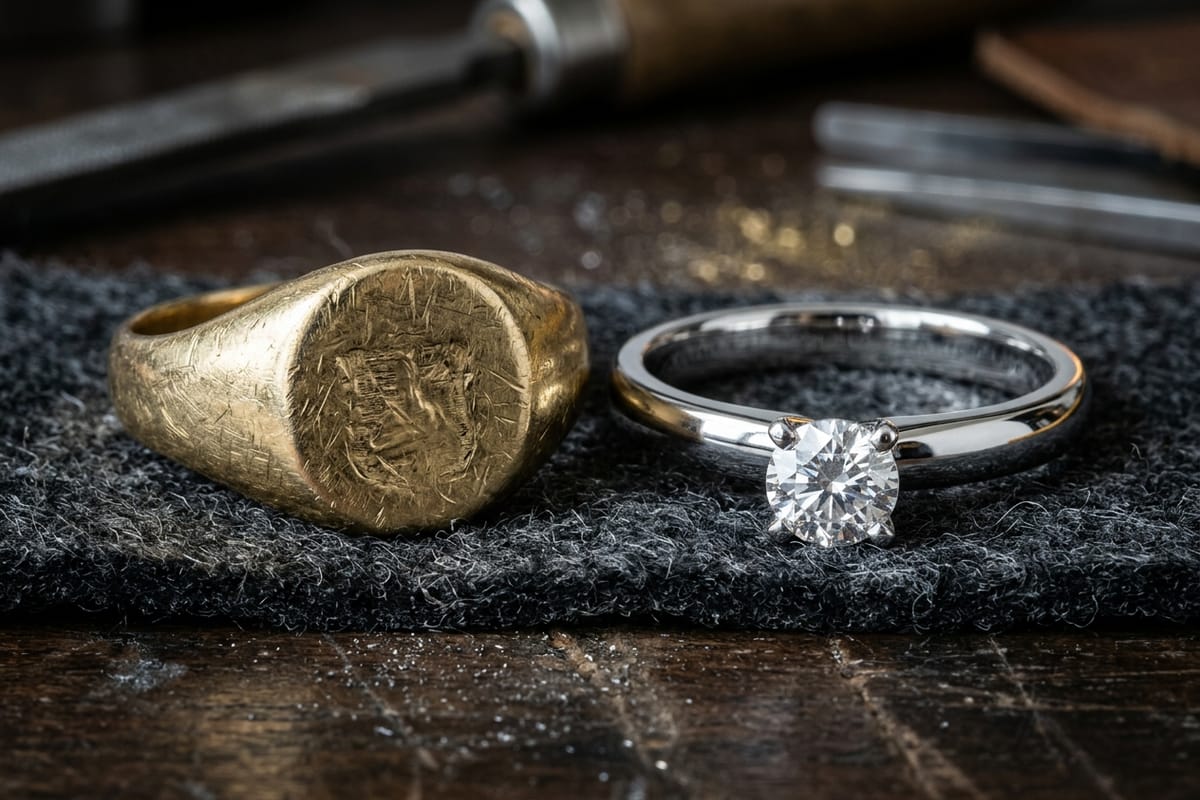 Getragener Erbstück-Ring aus Gelbgold auf Leinen in einer Holzschatulle, daneben Pinzette und Wachsmodell