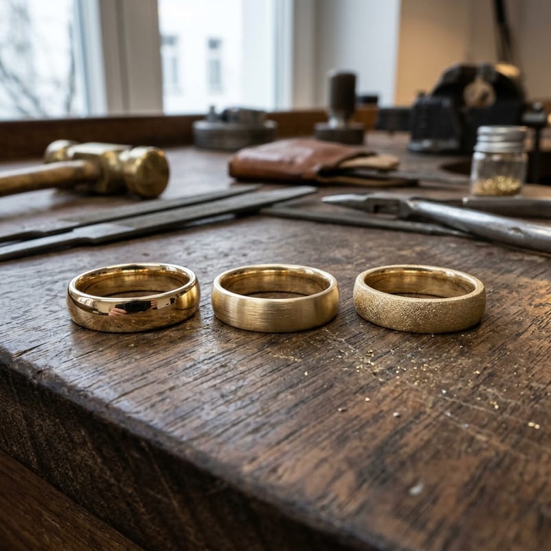 Drei Goldringe nebeneinander mit hochglänzender, längsmatter und eismatter Oberfläche