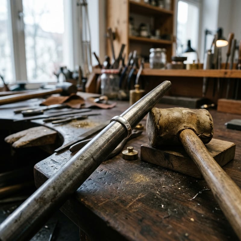 Schlichter Silberring auf dem konischen Stahlriegel, ein Hammer aus Rohhaut lehnt daneben an der Werkbank