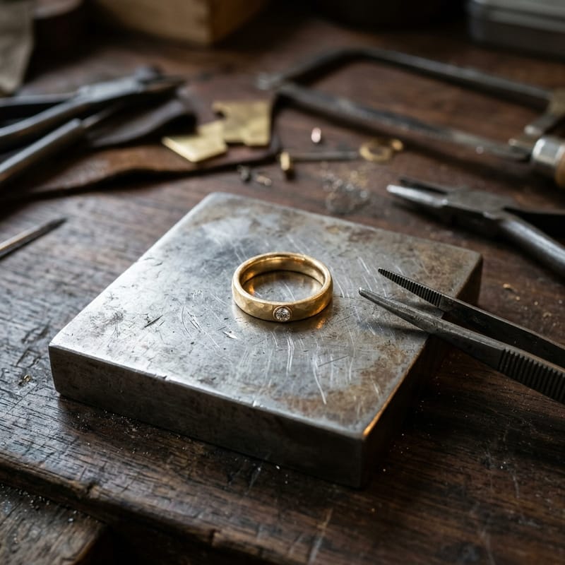 Ein Ring mit einem einzeln in die Zarge eingelassenen Brillanten liegt neben einer Steinpinzette auf dem Stahlblock.