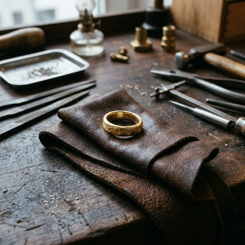 Ein Ring mit von Hand geschmiedeter, leicht unregelmäßiger Oberfläche liegt auf einer gefalteten Lederschürze.