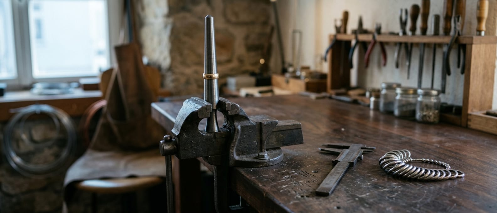 Ein Ringriegel steht aufrecht im Schraubstock mit einem Ring darauf, daneben liegen ein Messschieber und ein Ringmaßsatz an der Kette.