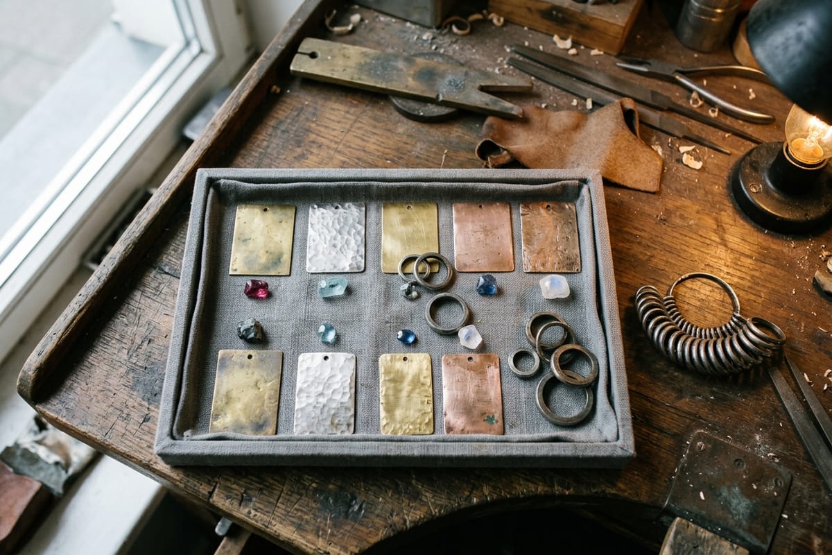 Leinentablett mit Metallplättchen, Oberflächenmustern, losen Steinen und Ringmaßen im Raster von oben
