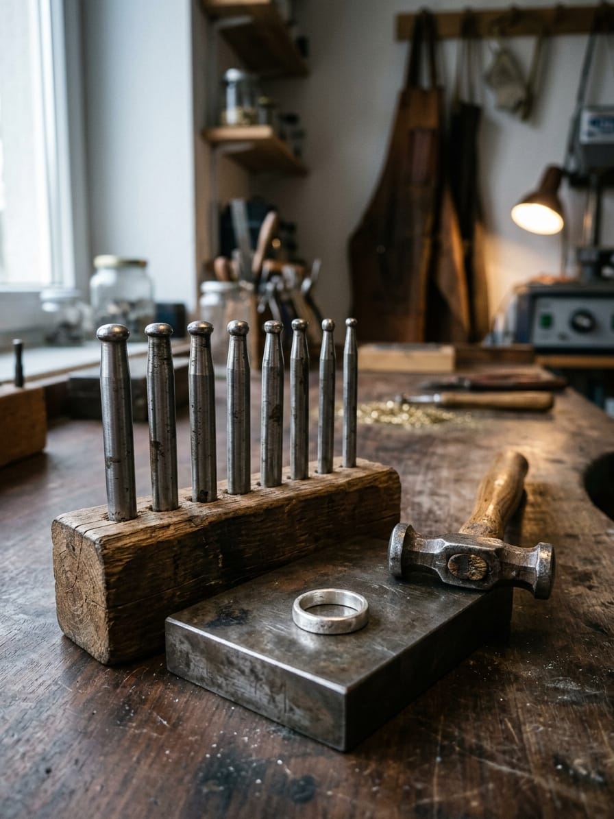 Stahlstempel stehen in einem gebohrten Holzblock, daneben ein kleiner Hammer und ein Ring auf dem Stahlblock.