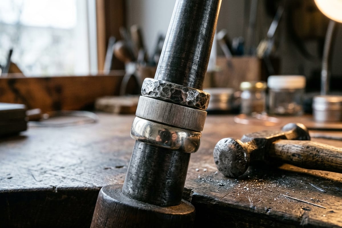 Drei Ringe mit verschiedenen Profilen auf dem Stahlriegel, gehämmerte, matte und polierte Oberflächen