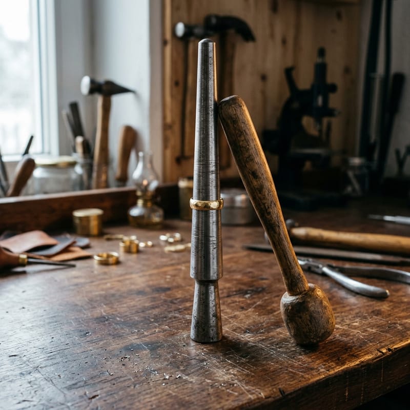 Ein Holzhammer lehnt am Ringriegel, auf dem ein halb rundgeschlagener Ring steckt.