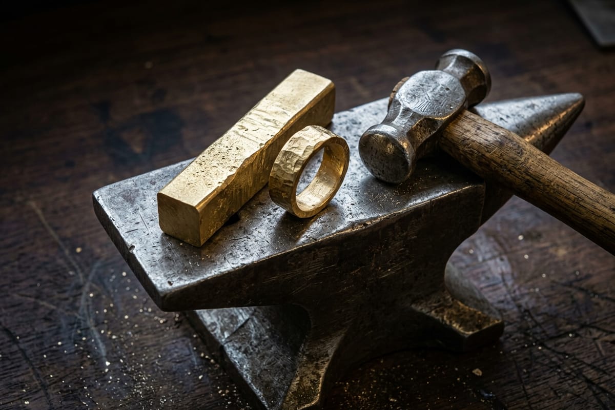 Schmiedeplatz mit kleinem Amboss, Hammer, Ringriegel, gebogenem Golddraht und Lederschürze an der Bank