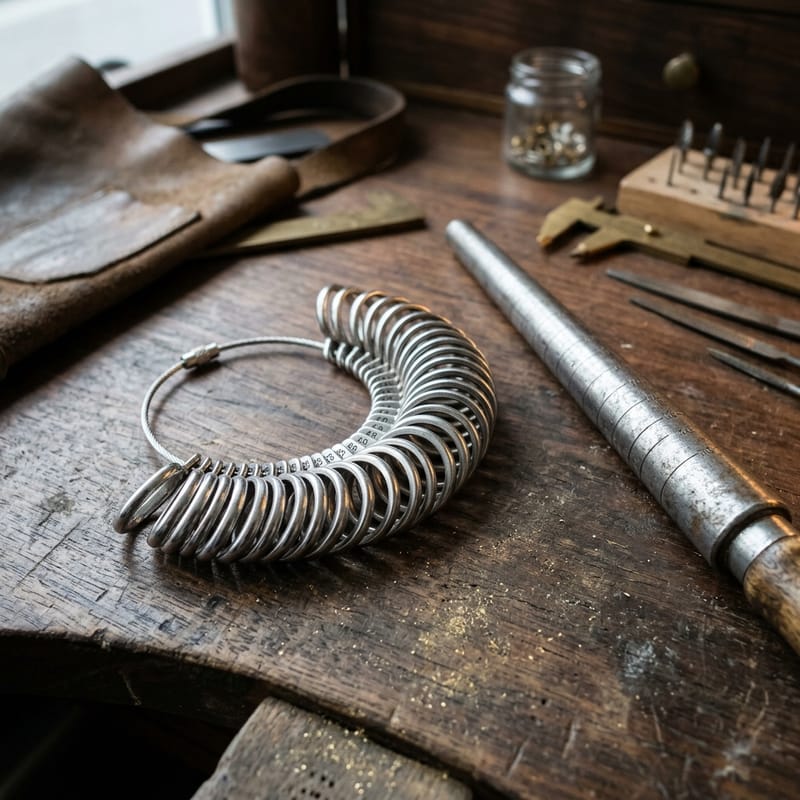 Satz Stahl-Messringe an einem Bügel, daneben ein Ringstock aus Stahl auf der Werkbank
