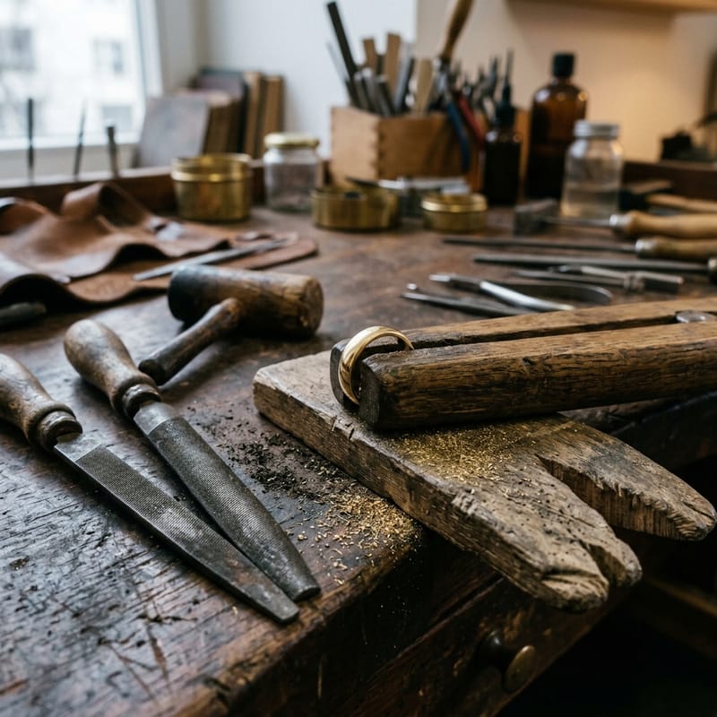 Ring im Ringklemmer auf dem Werkbankbrett, daneben Feilen und ein Holzhammer