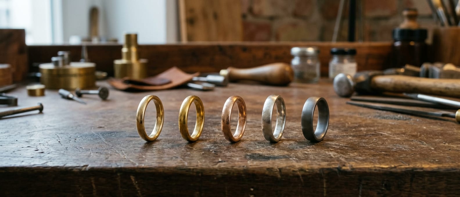 Fünf Ringe stehen hochkant in einer Reihe auf dunklem Nussbaumholz, in Gelbgold, Rotgold, hellem Weißgold und grauweißem Platin
