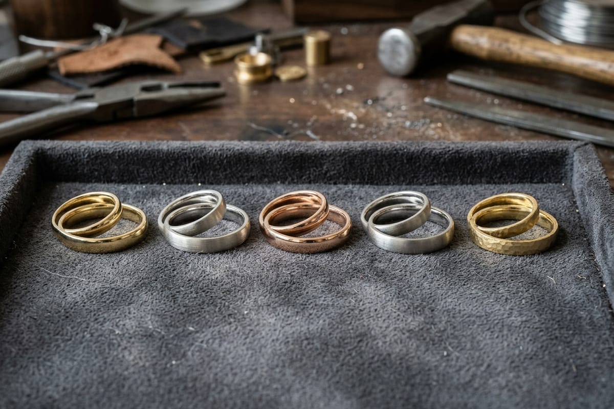 Zwei Trauringe in mattem Gelbgold und poliertem Weißgold auf einem Wildlederkissen neben Stahl-Ringmaßen