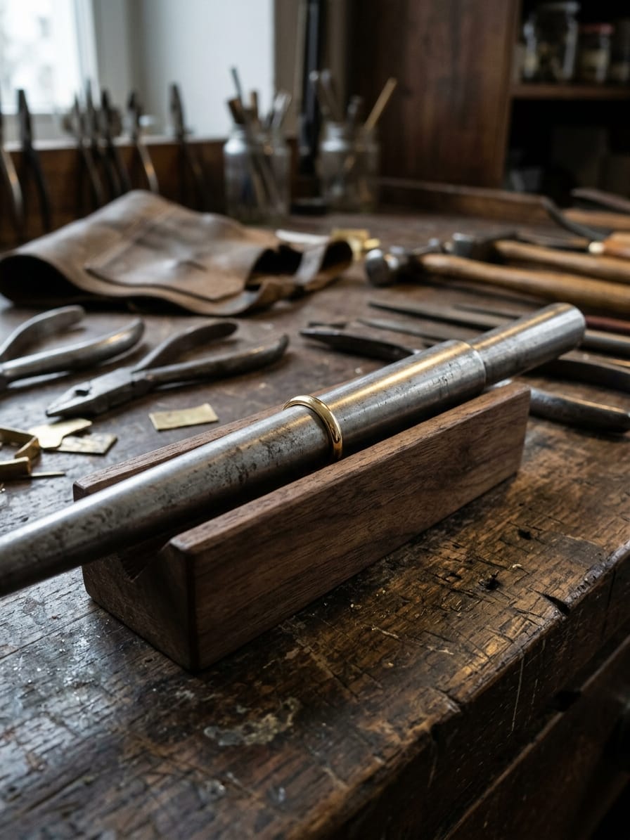 Schmaler Damenring auf einem konischen Stahl-Ringstock, der in seiner Holzrinne liegt