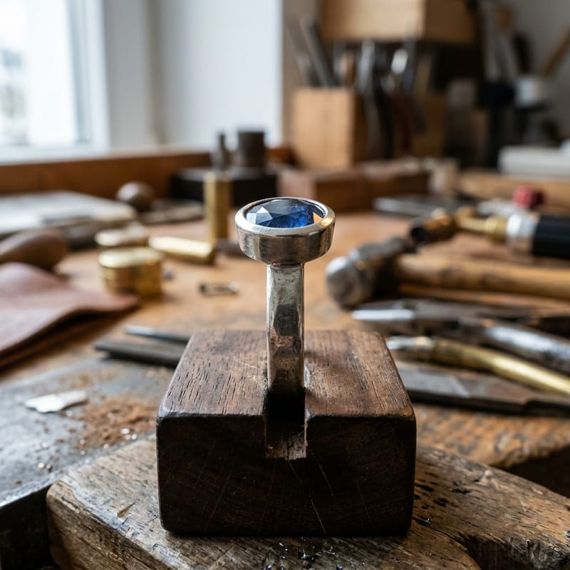 Ring mit Zargenfassung flach von der Seite, ein umlaufender Metallrand schließt rundum über dem Stein