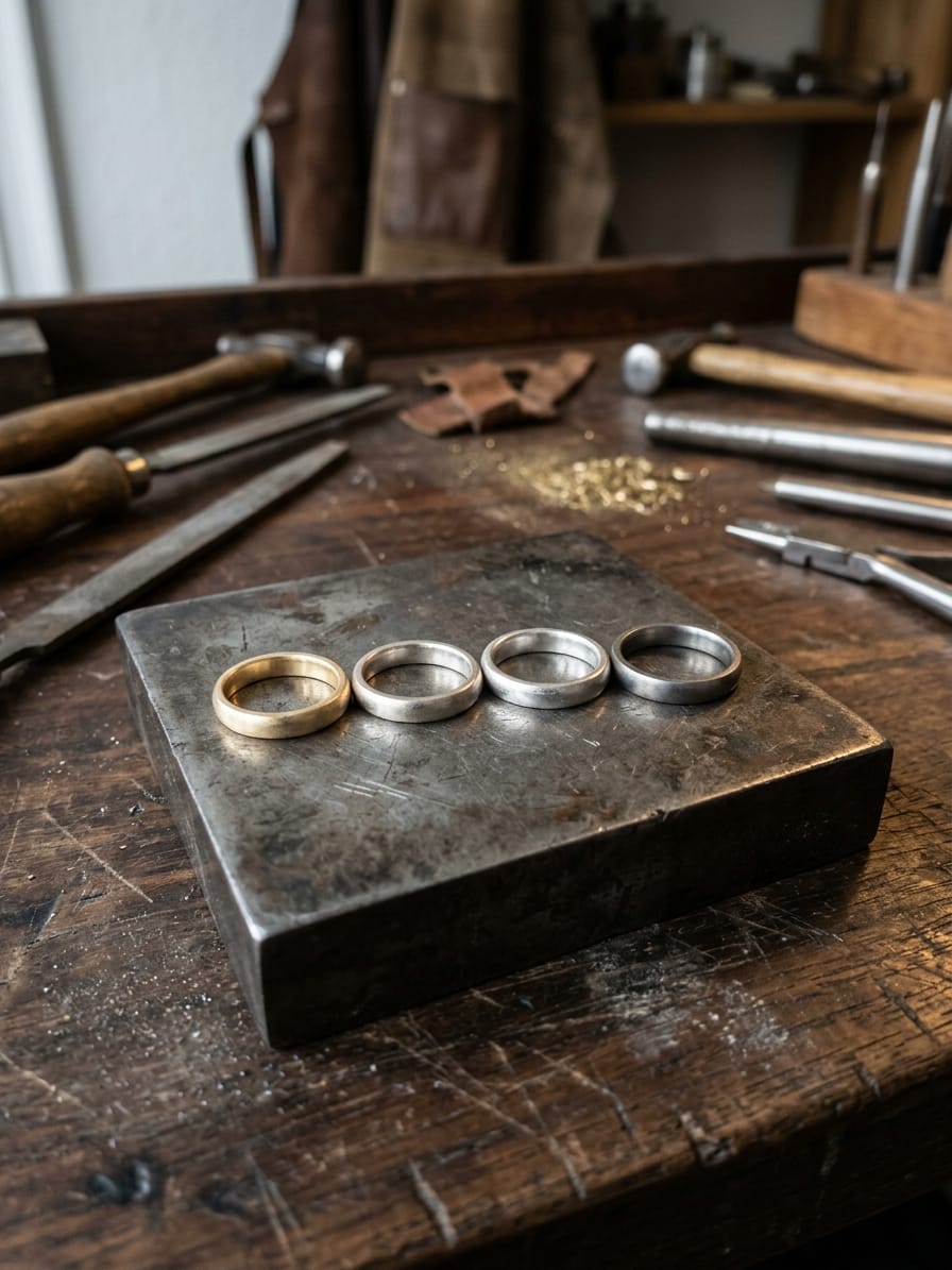 Vier gleich geformte Ringrohlinge aus Gelbgold, Weißgold, Platin und Palladium liegen in einer Reihe auf dem Stahlblock.