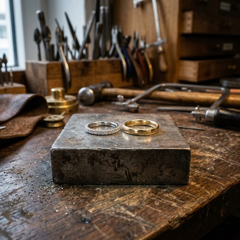Ein rundum mit kleinen Brillanten besetzter Ring steht neben einem schlichten Reif auf dem Stahlblock.