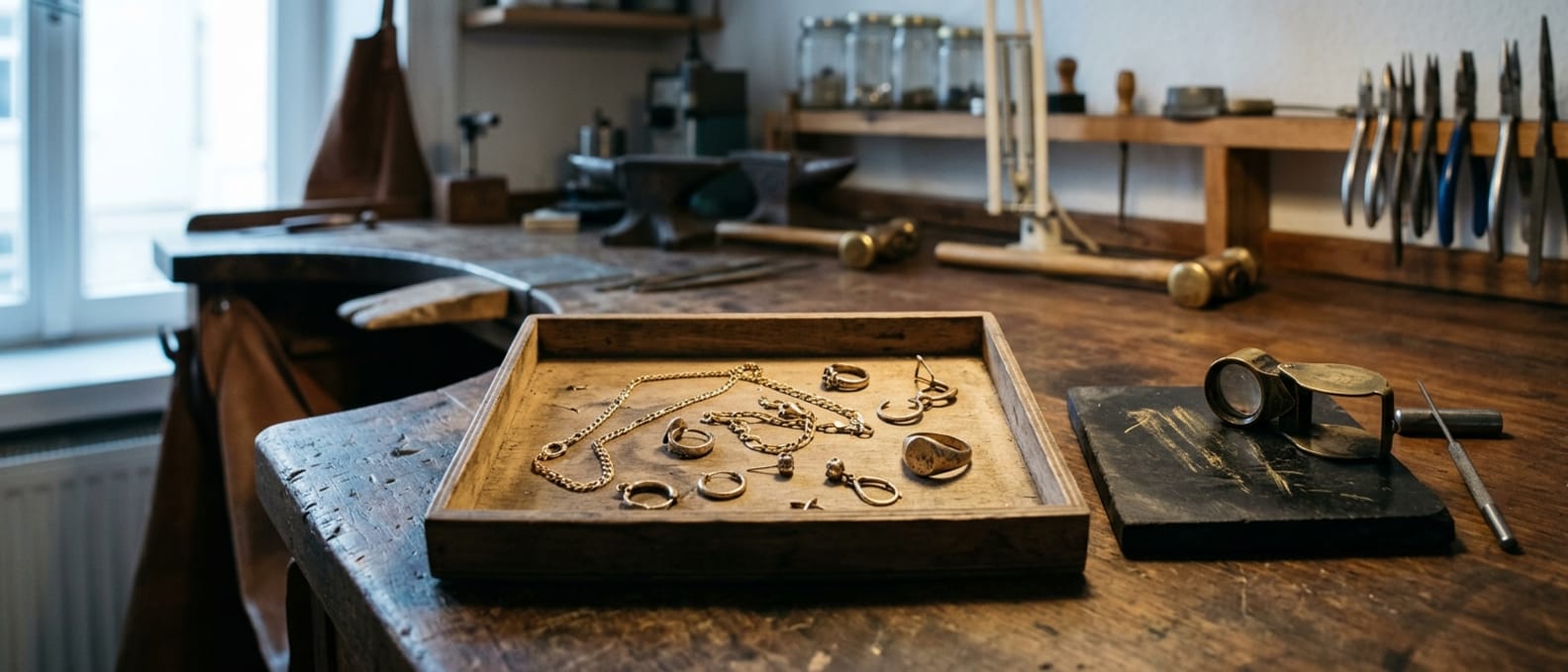 In einer flachen Schale liegen einzelne Ohrringe, eine gerissene Kette und ein abgetragener Ring, daneben Prüfstein und Lupe.