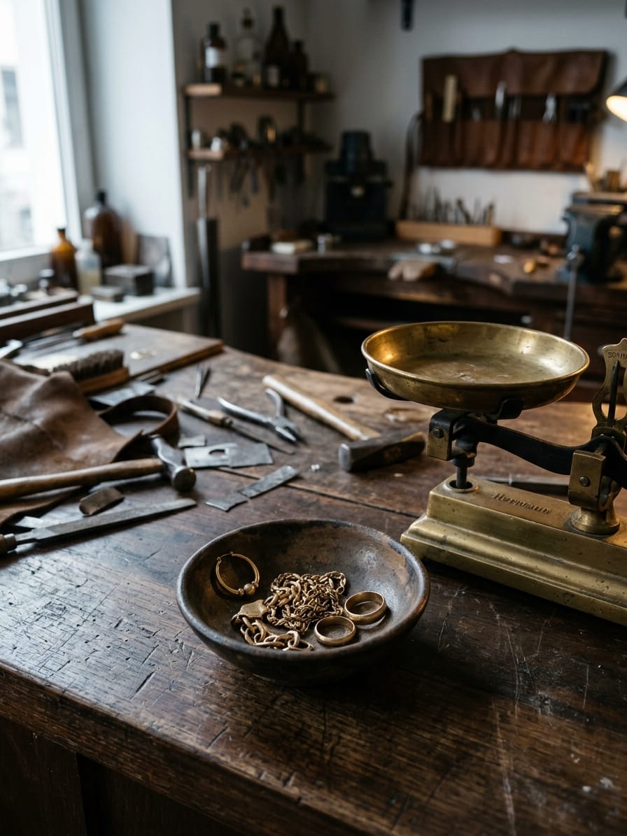 Eine kleine Schale mit altem Gold, darin ein einzelner Ohrring und eine verknotete Kette, steht neben einer Waage mit leerer Schale.