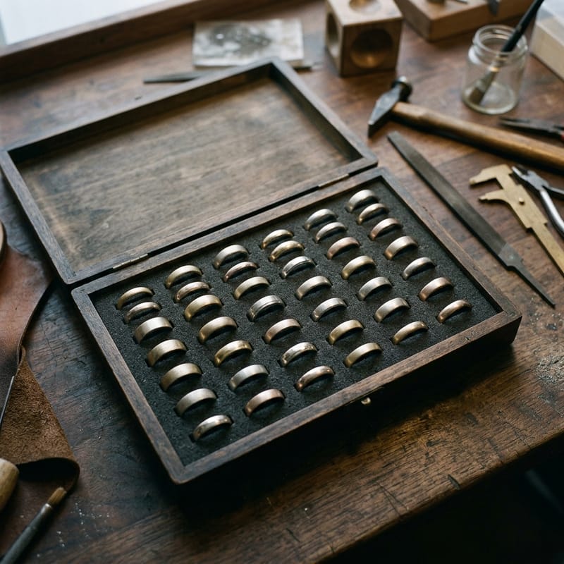 Aufgeklappter Musterkoffer mit dunkler Schaumstoffeinlage, in den Schlitzen stecken schlichte Ringmuster