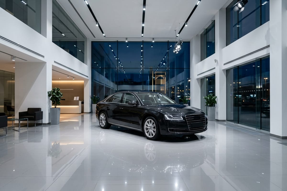 Showroom eines Autohauses mit hochglänzendem Boden, in dem sich ein ausgestelltes Fahrzeug und die Glasfront spiegeln