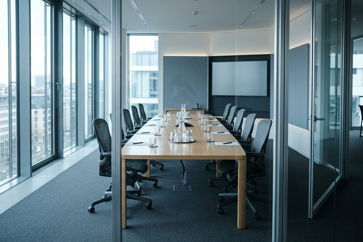 Makellos gereinigter Konferenzraum hinter einer Glaswand in einem modernen Bürogebäude