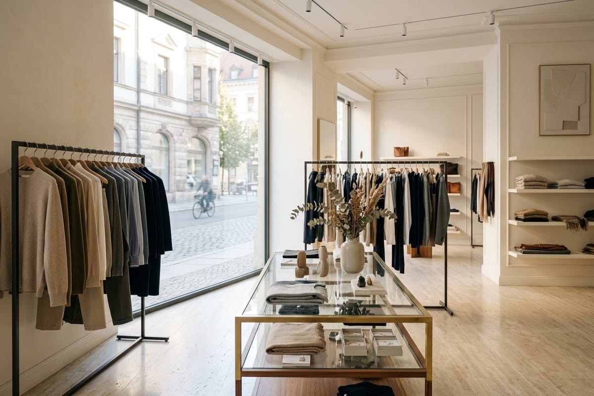 Frisch gewischter Boden und geordnete Warenträger in einer Boutique kurz vor Ladenöffnung, Morgenlicht fällt durch das Schaufenster