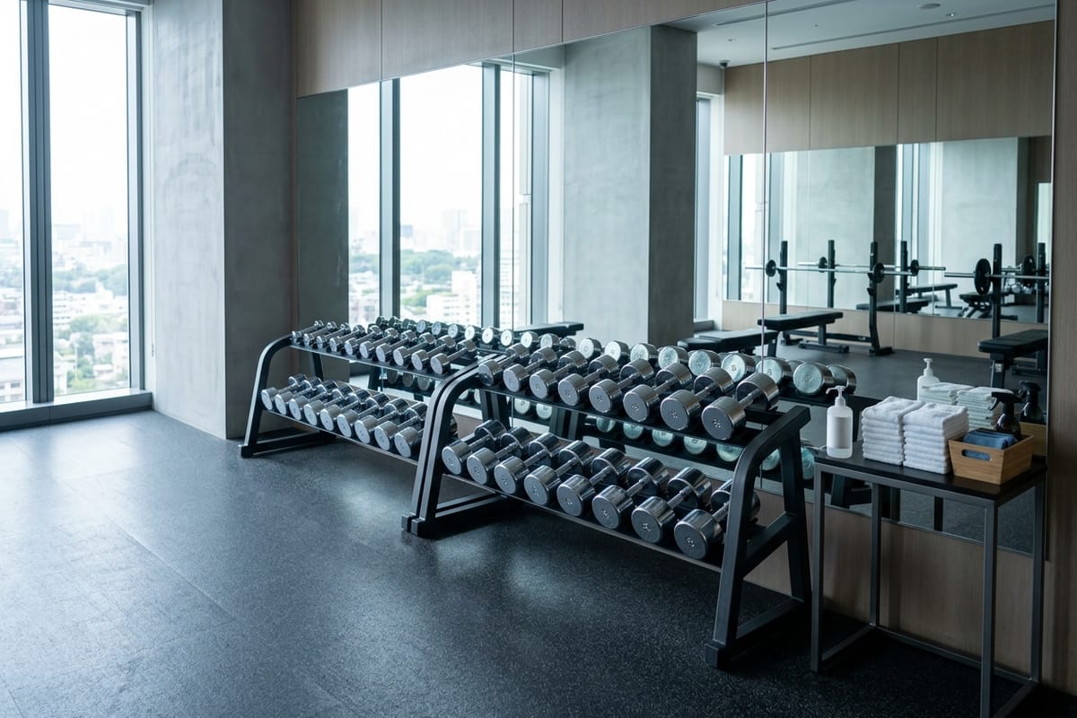 Freihantelbereich eines Fitnessstudios mit Kurzhantel-Ablagen vor einer makellos sauberen, streifenfreien Spiegelwand
