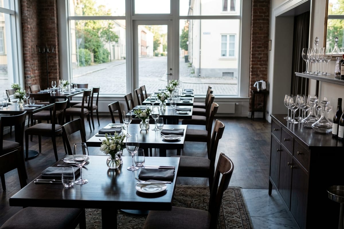 Elegant eingedeckter Gastraum eines Restaurants am Morgen, Sonnenlicht fällt auf polierte Tische und blank geputzte Gläser