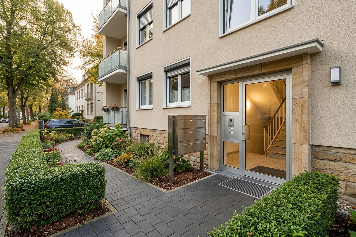 Gepflegter Eingangsbereich eines Mehrfamilienhauses mit sauberem Treppenaufgang und Briefkastenanlage
