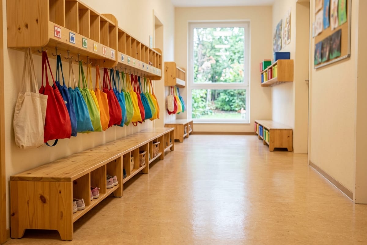 Freundliche Kita-Garderobe mit bunten Jacken an niedrigen Haken und ordentlich abgestellten Kinderschuhen