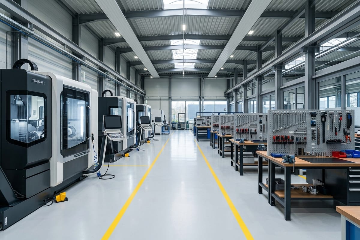 Frisch gereinigte CNC-Werkstatt mit Bearbeitungszentren und klar markierten Verkehrswegen auf dem Hallenboden