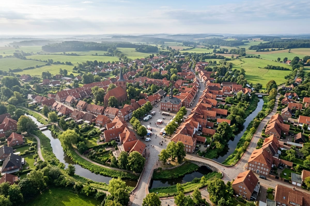 Luftaufnahme einer norddeutschen Stadt mit roten Ziegeldächern, Kirchturm und umliegenden Feldern