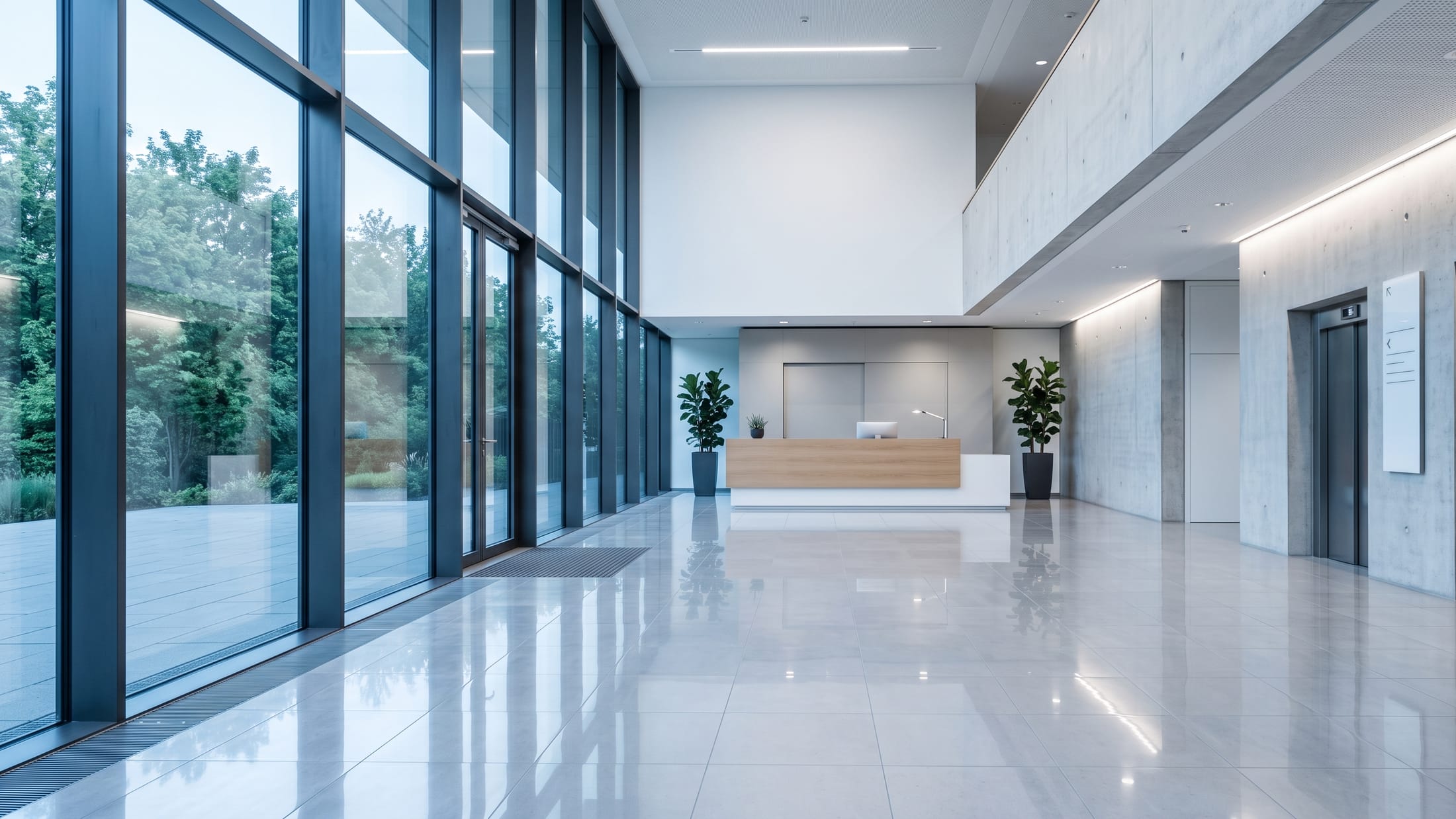 Frisch gereinigtes, lichtdurchflutetes Foyer eines modernen Bürogebäudes mit spiegelndem Boden und Glasfassade