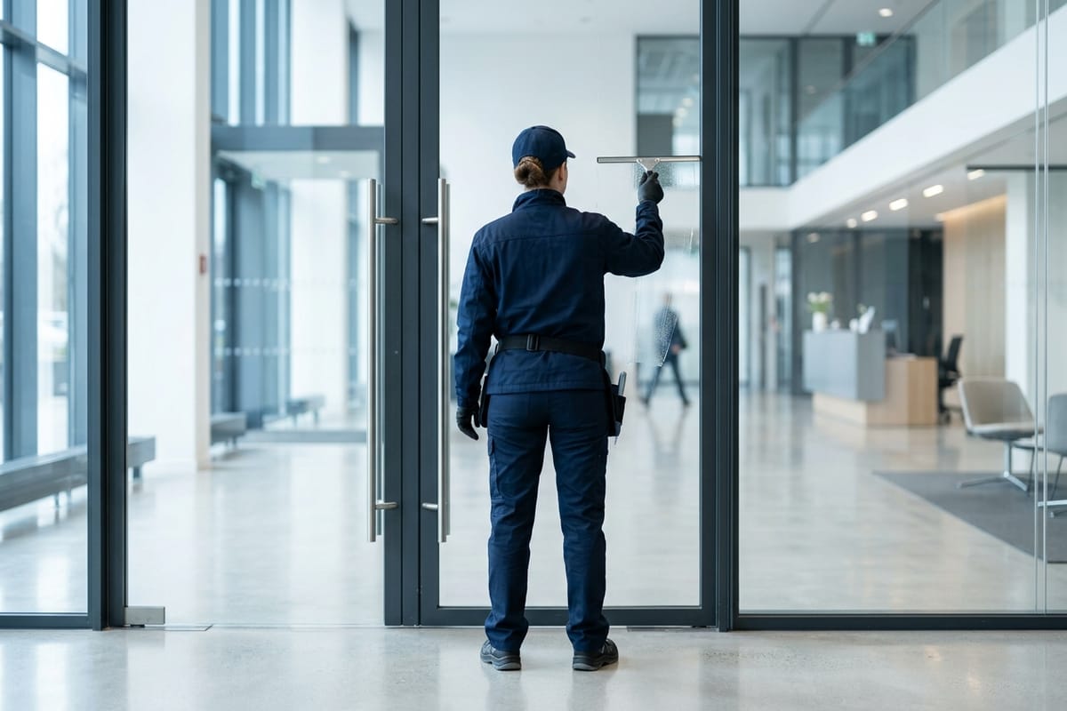 Reinigungskraft in dunkelblauer Arbeitskleidung zieht eine Glastür mit dem Abzieher streifenfrei ab