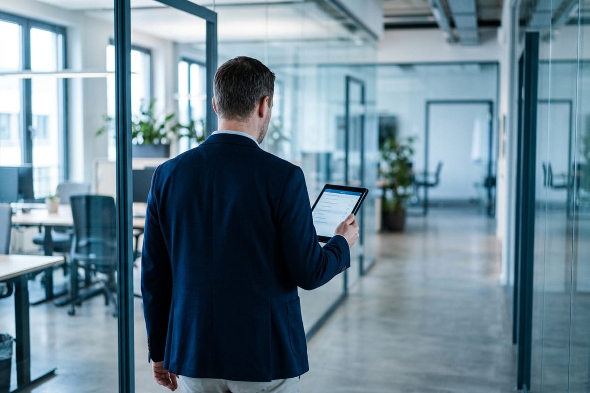 Objektleiter mit Tablet bei der Qualitätskontrolle in einem modernen Bürogebäude