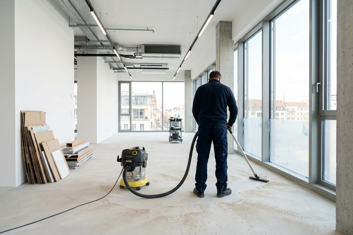 Industriesauger nimmt Feinstaub von frisch verlegtem Estrich in einem Neubau auf