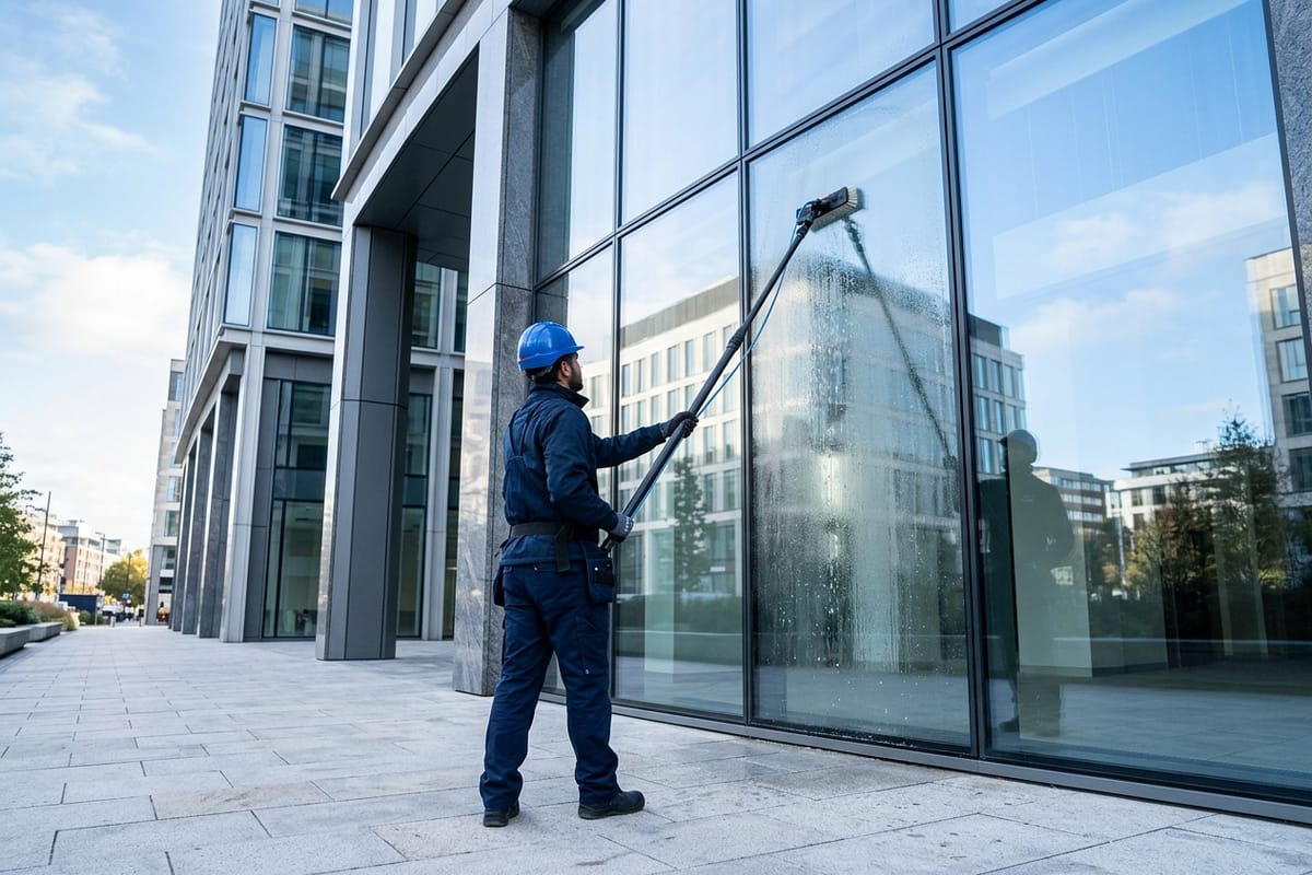 Glasreiniger führt eine wassergespeiste Osmose-Teleskopstange mit Bürste an einer mehrgeschossigen Glasfassade