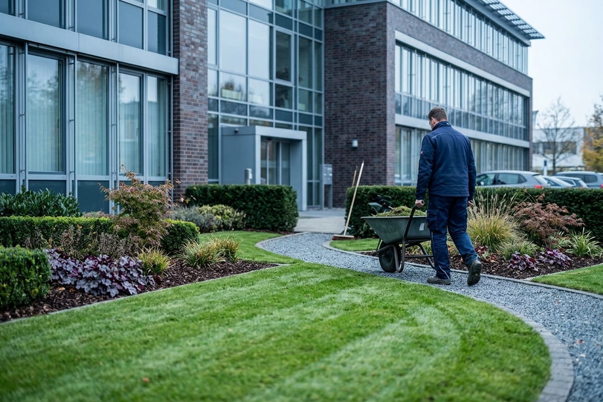 Gepflegte Außenanlage mit Rasenfläche, Beeten und geschnittener Hecke vor einem modernen Bürogebäude