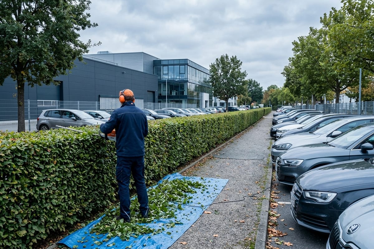 Präzise auf Kante geschnittene Hecke entlang eines Parkplatzes an einem Gewerbeobjekt